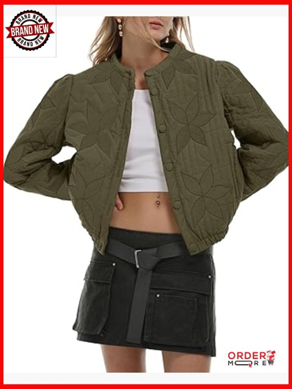 Women's Lightweight Floral Embroidered Cropped Quilted Puffer Jacket with